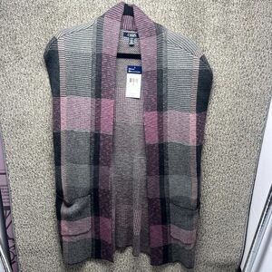 Chaps Cardigan Sweater Women Small Multicolor Plaid Cotton Sleeveless Open Front